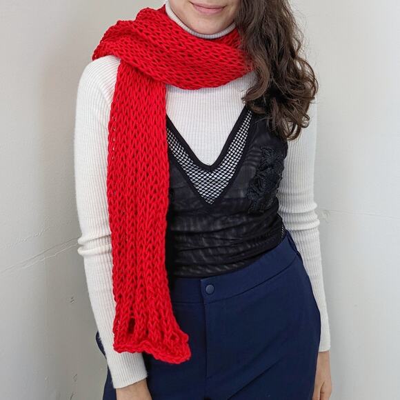 Handmade Grunge Lightweight Ribbed Distressed Knitted Red Scarf - Picture 3 of 4